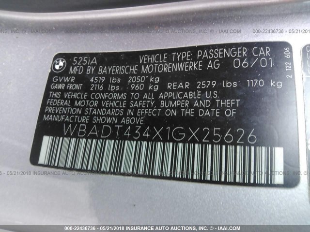 WBADT434X1GX25626 - 2001 BMW 525 I AUTOMATIC GRAY photo 9