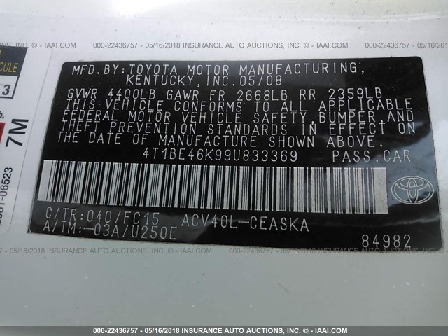 4T1BE46K99U833369 - 2009 TOYOTA CAMRY SE/LE/XLE 白色 照片 9