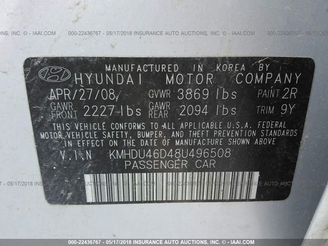 KMHDU46D48U496508 - 2008 HYUNDAI ELANTRA GLS/SE/LIMITED SILVER photo 9