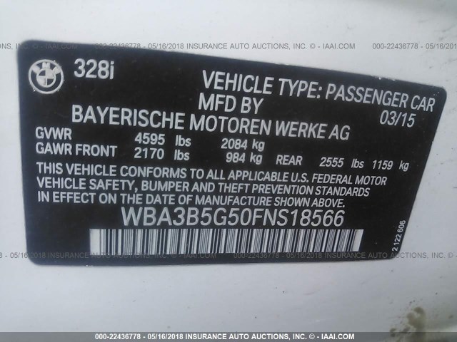 WBA3B5G50FNS18566 - 2015 BMW 328 XI SULEV WHITE photo 9