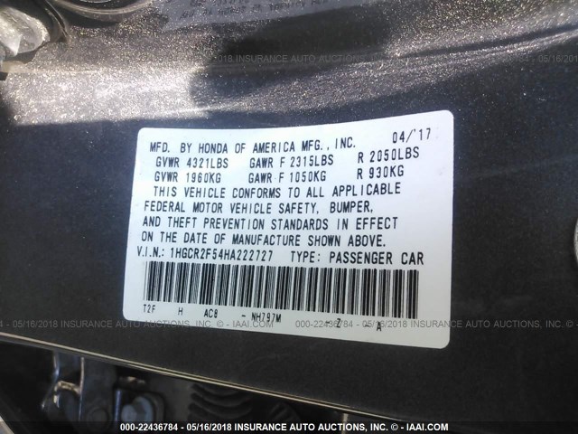 1HGCR2F54HA222727 - 2017 HONDA ACCORD SPORT 灰色 照片 9