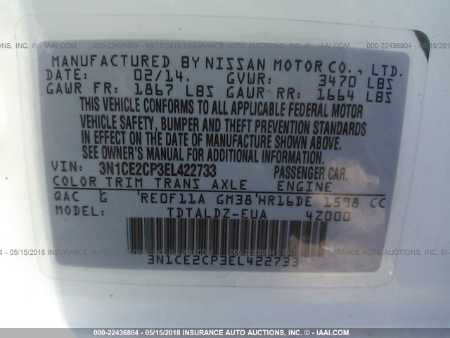 3N1CE2CP3EL422733 - 2014 NISSAN VERSA NOTE S/S PLUS/SV/SL WHITE photo 9