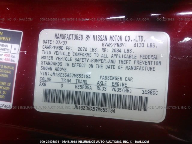 JN1BZ36A57M655194 - 2007 NISSAN 350Z ROADSTER RED photo 9