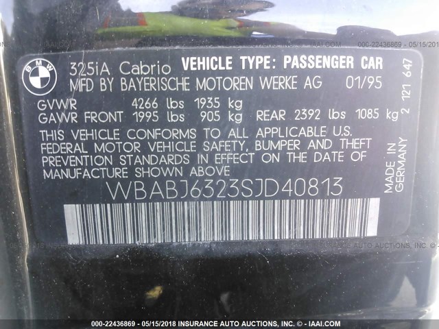 WBABJ6323SJD40813 - 1995 BMW 325 IC AUTOMATIC 黑色 照片 9