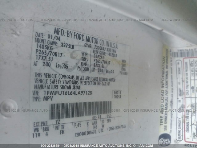 1FMFU16L64LA97128 - 2004 FORD EXPEDITION XLT Ağ foto 9