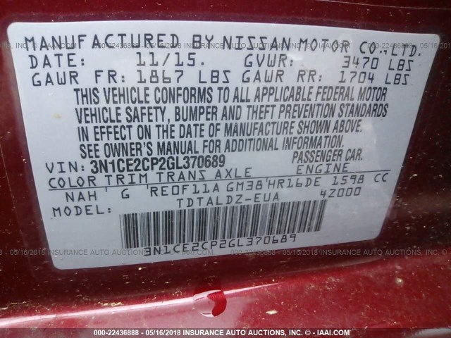 3N1CE2CP2GL370689 - 2016 NISSAN VERSA NOTE S/S PLUS/SV/SL/SR RED photo 9