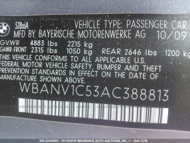 WBANV1C53AC388813 - 2010 BMW 528 XI GRAY photo 9