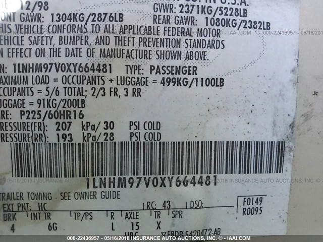 1LNHM97V0XY664481 - 1999 LINCOLN CONTINENTAL  棕色 照片 9