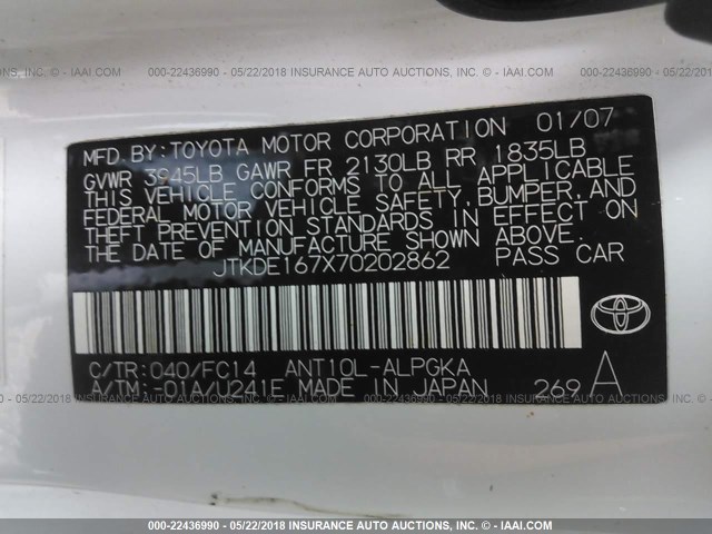 JTKDE167X70202862 - 2007 TOYOTA SCION TC 白色 照片 9