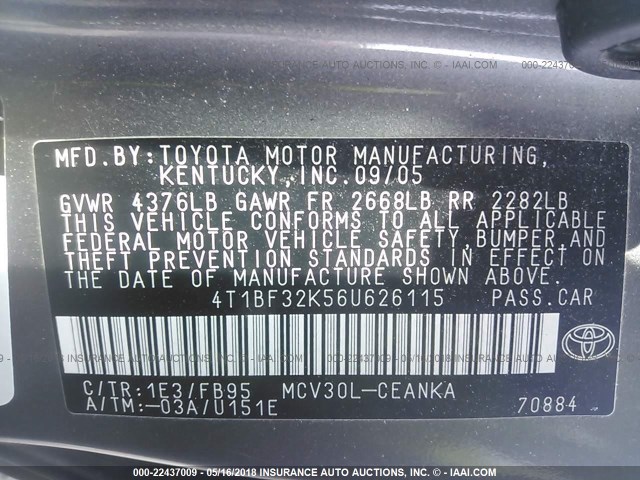 4T1BF32K56U626115 - 2006 TOYOTA CAMRY LE/XLE/SE ნაცრისფერი ფოტო 9