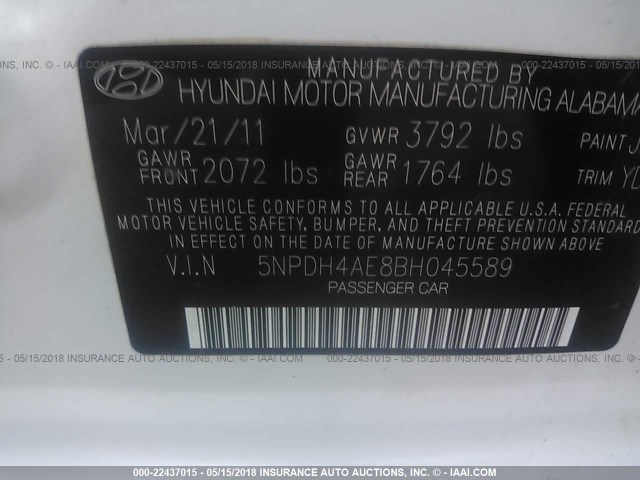 5NPDH4AE8BH045589 - 2011 HYUNDAI ELANTRA GLS/LIMITED WHITE photo 9