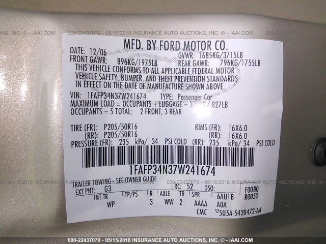 1FAFP34N37W241674 - 2007 FORD FOCUS ZX4/S/SE/SES 棕色 照片 9