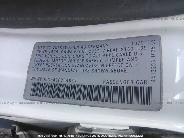 WVWPD63B43P264837 - 2003 VOLKSWAGEN PASSAT GLS WHITE photo 9