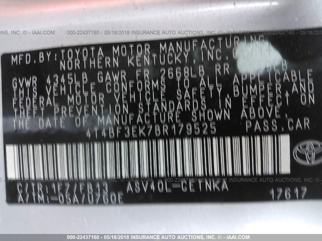 4T4BF3EK7BR179525 - 2011 TOYOTA CAMRY SE/LE/XLE 银色 照片 9