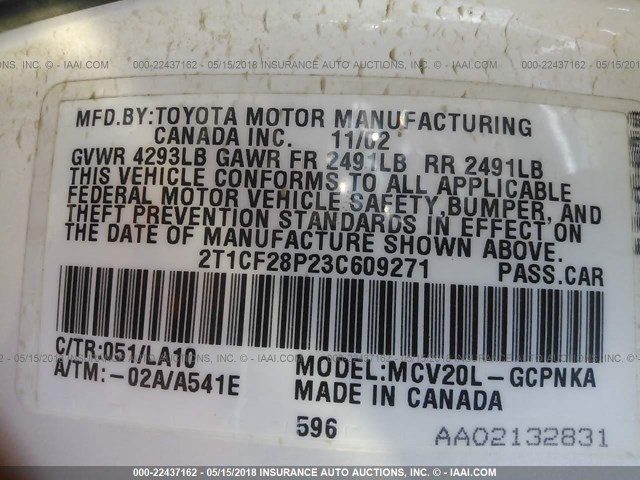 2T1CF28P23C609271 - 2003 TOYOTA CAMRY SOLARA SE/SLE WHITE photo 9