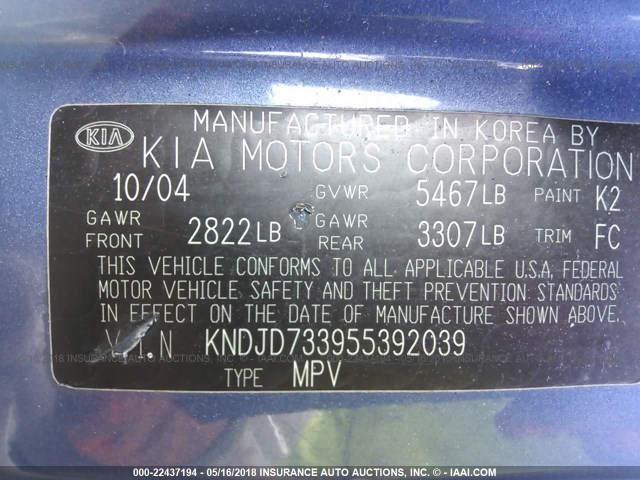 KNDJD733955392039 - 2005 KIA SORENTO EX/LX BLUE photo 9