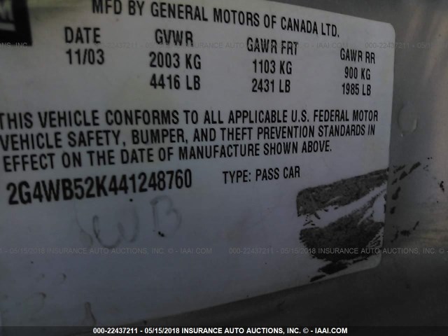 2G4WB52K441248760 - 2004 BUICK REGAL LS 银色 照片 9