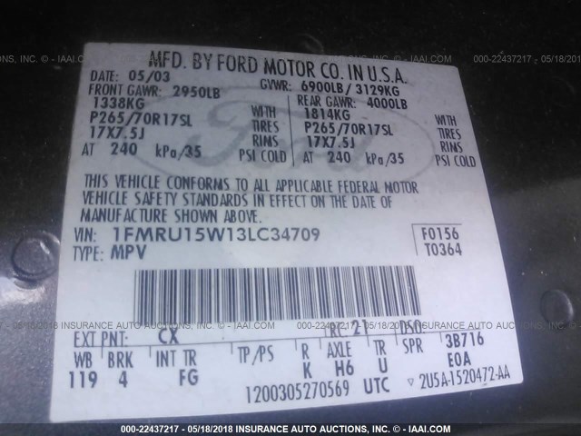 1FMRU15W13LC34709 - 2003 FORD EXPEDITION XLT ნაცრისფერი ფოტო 9