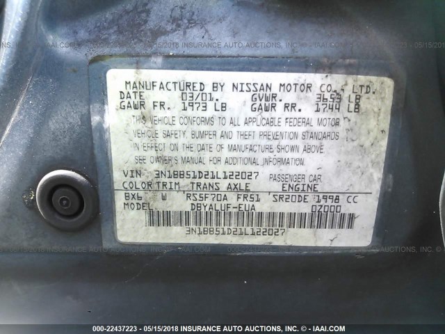 3N1BB51D21L122027 - 2001 NISSAN SENTRA SE BLUE photo 9