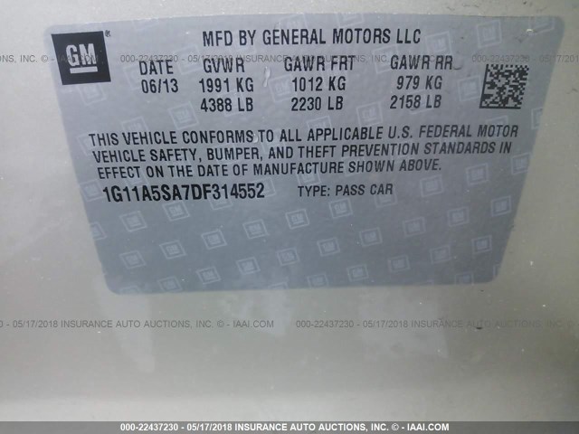 1G11A5SA7DF314552 - 2013 CHEVROLET MALIBU LS ბეჟი ფოტო 9