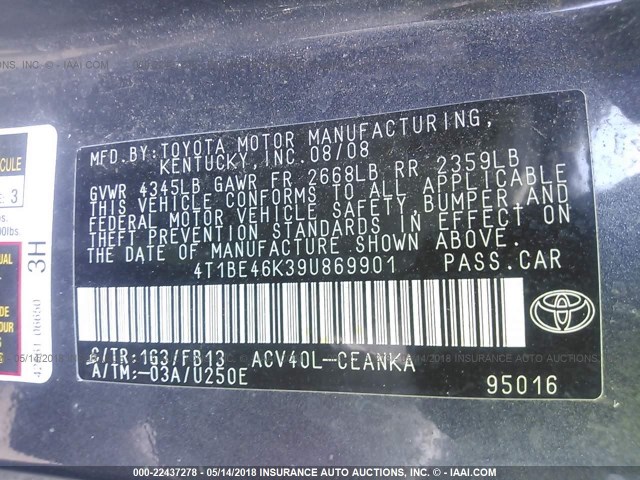 4T1BE46K39U869901 - 2009 TOYOTA CAMRY SE/LE/XLE GRAY photo 9