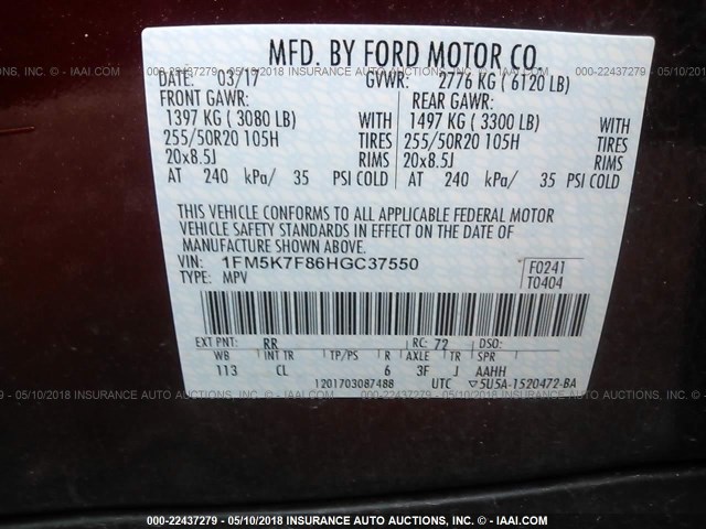 1FM5K7F86HGC37550 - 2017 FORD EXPLORER LIMITED 红色 照片 9