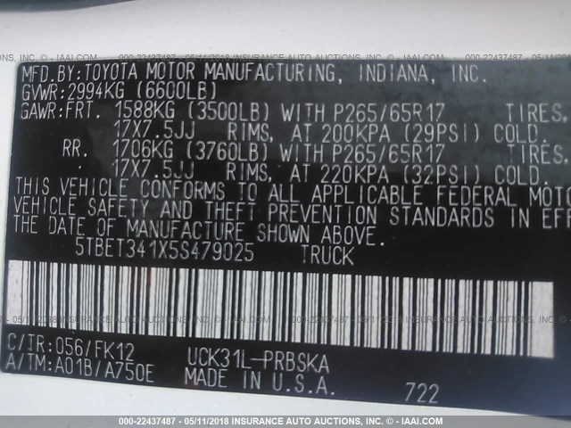 5TBET341X5S479025 - 2005 TOYOTA TUNDRA DOUBLE CAB SR5 WHITE photo 9