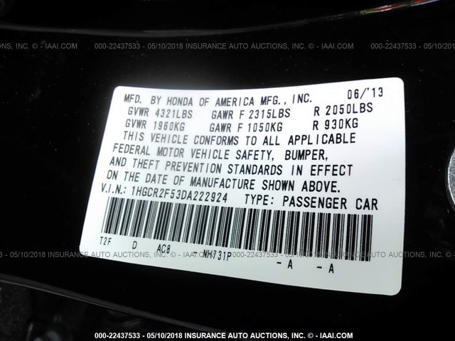 1HGCR2F53DA222924 - 2013 HONDA ACCORD SPORT 黑色 照片 9