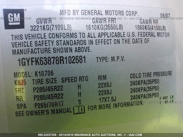 1GYFK63878R102681 - 2008 CADILLAC ESCALADE LUXURY Şampan foto 9