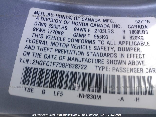 2HGFC1F70GH638722 - 2016 HONDA CIVIC EXL SILVER photo 9
