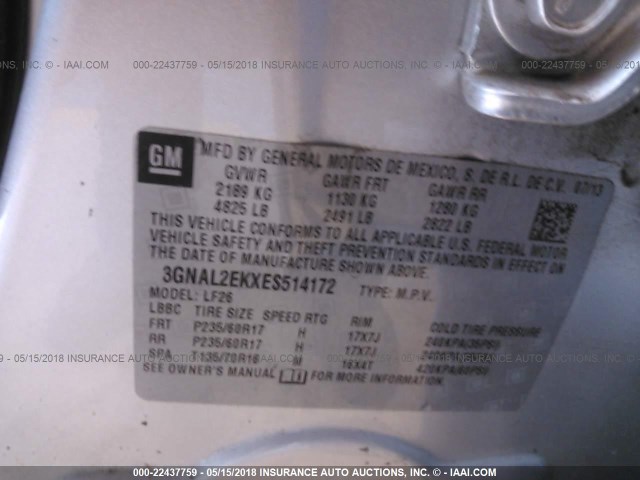 3GNAL2EKXES514172 - 2014 CHEVROLET CAPTIVA LS 灰色 照片 9