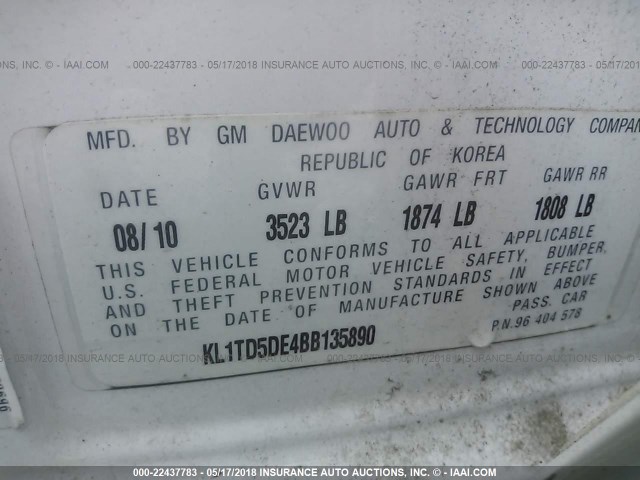 KL1TD5DE4BB135890 - 2011 CHEVROLET AVEO LS/LT 白色 照片 9