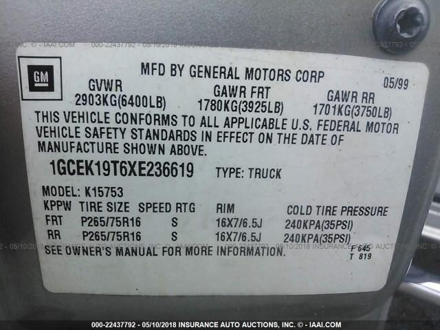 1GCEK19T6XE236619 - 1999 CHEVROLET SILVERADO K1500 GOLD photo 9