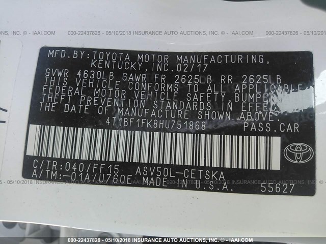 4T1BF1FK8HU751868 - 2017 TOYOTA CAMRY LE/XLE/SE/XSE Blanc photo 9