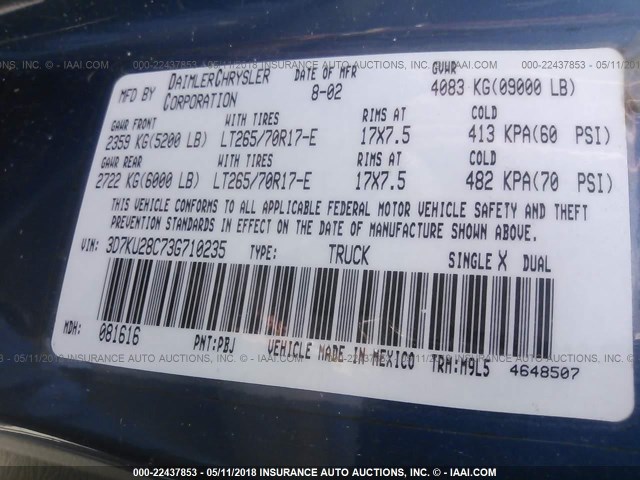 3D7KU28C73G710235 - 2003 DODGE RAM 2500 ST/SLT 蓝色 照片 9