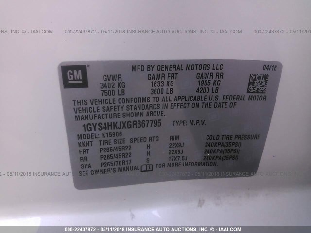 1GYS4HKJXGR367795 - 2016 CADILLAC ESCALADE ESV LUXURY WHITE photo 9