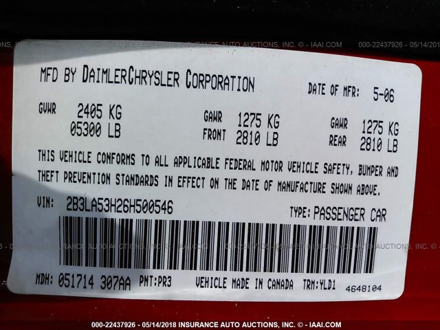 2B3LA53H26H500546 - 2006 DODGE CHARGER R/T RED photo 9