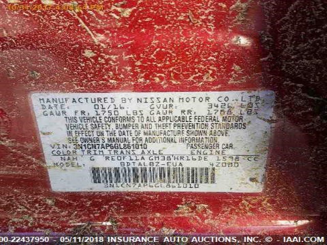 3N1CN7AP6GL861010 - 2016 NISSAN VERSA S/S PLUS/SV/SL RED photo 9