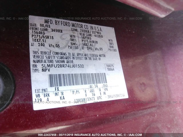 5LMFU28R74LJ01532 - 2004 LINCOLN NAVIGATOR RED photo 9