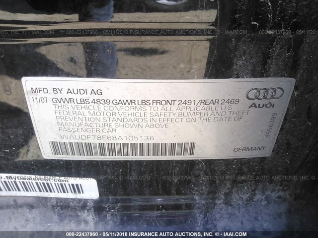 WAUDF78E68A105136 - 2008 AUDI A4 2.0T QUATTRO BLACK photo 9