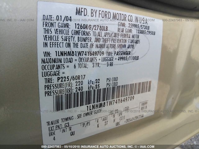 1LNHM81W74Y649709 - 2004 LINCOLN TOWN CAR EXECUTIVE/SIGNATURE Marrón foto 9