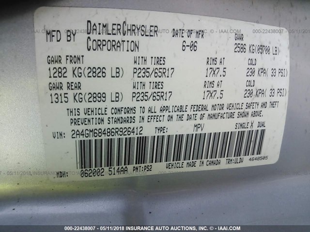 2A4GM68486R926412 - 2006 CHRYSLER PACIFICA TOURING SILVER photo 9