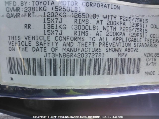 JT3HN86R420372781 - 2002 TOYOTA 4RUNNER SR5 BLUE photo 9