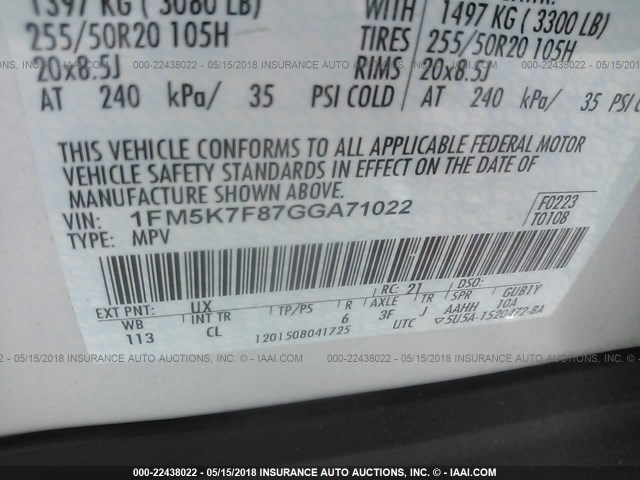 1FM5K7F87GGA71022 - 2016 FORD EXPLORER LIMITED 银色 照片 9