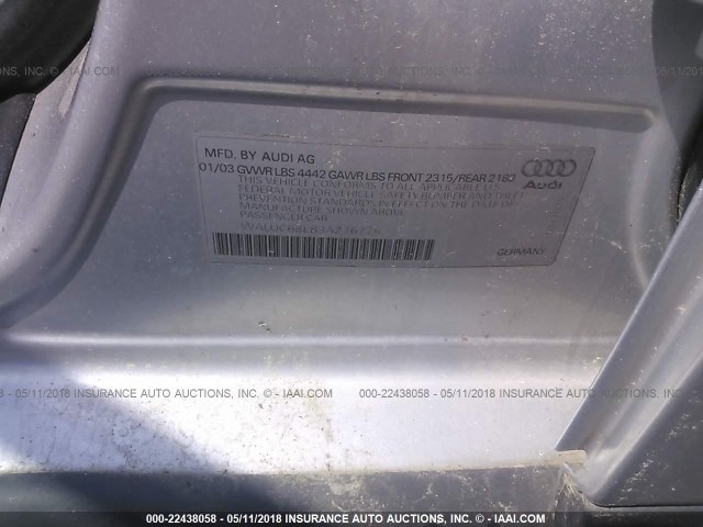 WAUJC68E83A276775 - 2003 AUDI A4 1.8T SILVER photo 9