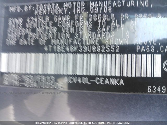 4T1BE46K39U882552 - 2009 TOYOTA CAMRY SE/LE/XLE GRAY photo 9