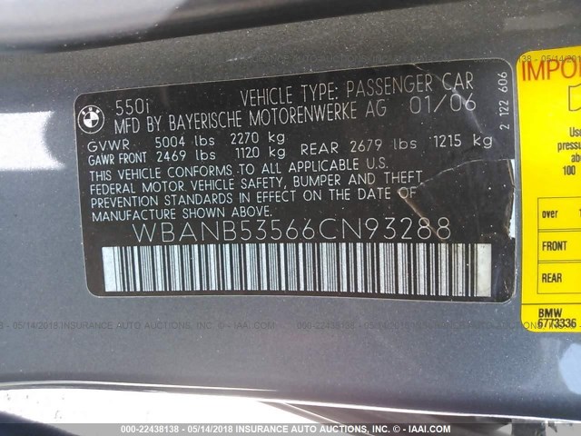 WBANB53566CN93288 - 2006 BMW 550 I GRAY photo 9