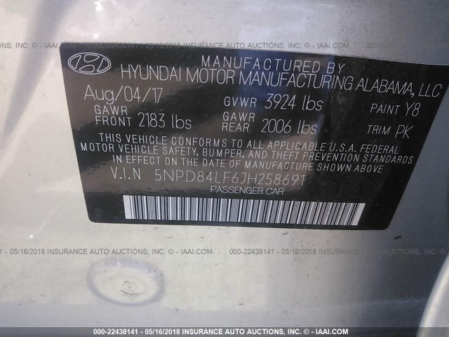 5NPD84LF6JH258691 - 2018 HYUNDAI ELANTRA SEL/VALUE/LIMITED SILVER photo 9