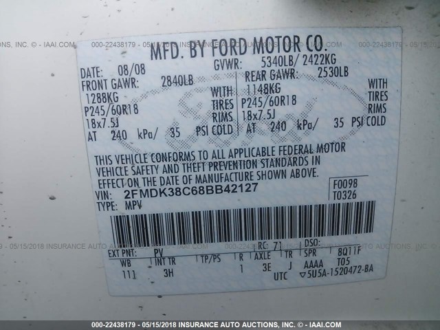 2FMDK38C68BB42127 - 2008 FORD EDGE SEL CREAM photo 9