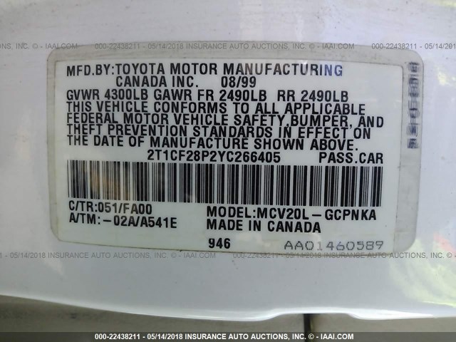 2T1CF28P2YC266405 - 2000 TOYOTA CAMRY SOLARA SE/SLE WHITE photo 9